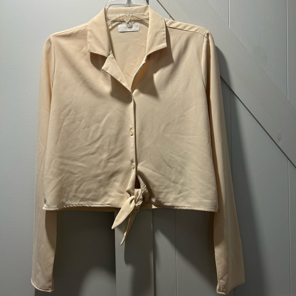 Oak + Fort Cream Tie-Front Blouse Small